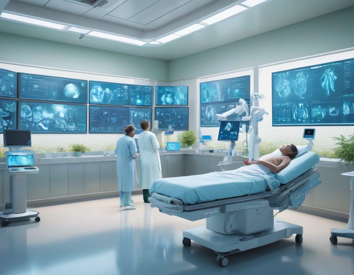 A futuristic hospital scene showcasing advanced medical technology, like robotic surgical arms, telehealth screens, and patients interacting with virtual health assistants. Include diverse medical staff collaborating with augmented reality tools and patients experiencing seamless care. Bright, uplifting colors with elements of nature integrated, symbolizing holistic healing. super-realistic. vibrant colors. 3D.