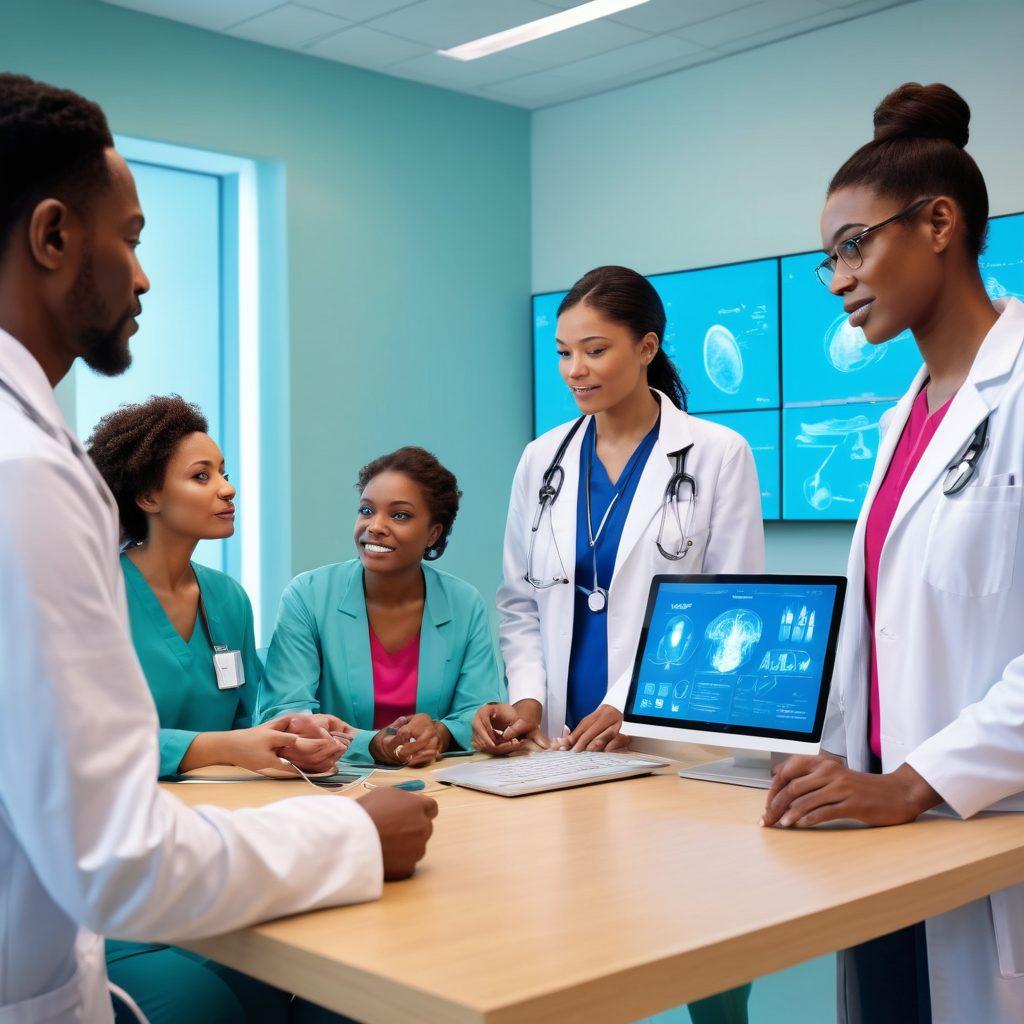 A diverse group of patients interacting with advanced medical technology in a modern healthcare setting, showcasing wearable health devices and telemedicine screens. The atmosphere is vibrant, symbolizing empowerment and innovation in health management. Elements of connectivity and data visualization can be incorporated, with a focus on inclusivity and support. bright colors. futuristic style. super-realistic.
