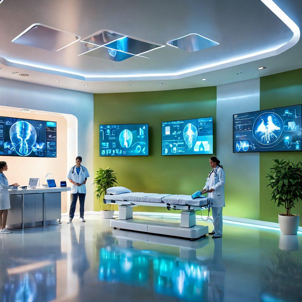 A futuristic healthcare facility featuring advanced medical technologies and holographic displays, with diverse medical professionals collaborating on patient care. Emphasize wellness through green spaces and patient-centered design, including state-of-the-art equipment and interactive digital interfaces. The scene is filled with light, showing people of different ages and backgrounds engaging in health management. super-realistic. vibrant colors. 3D.